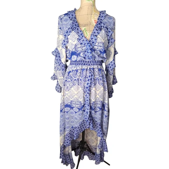 NWT MISA Imaan Size Small Blue White Multi Tile Ruffle Sheer High-Low Maxi Dress